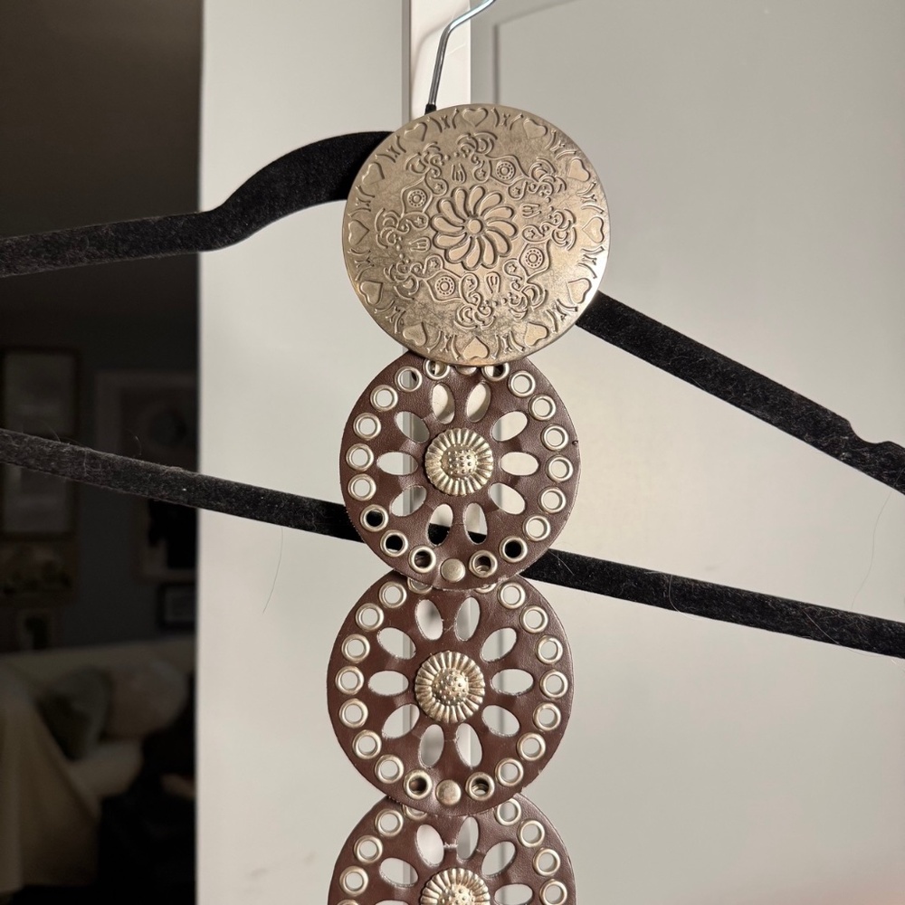 Mudd Brown Leather Circle Medallion Belt with Gold-Tone Accents